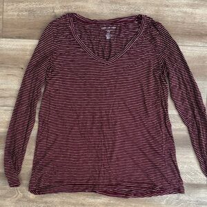 American Eagle Outfitters Maroon Striped V-Neck Long Sleeve Top